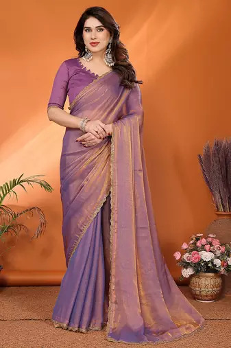   purple elegant embellished chiffon saree with frendi chinese border & blouse piece