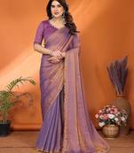   purple elegant embellished chiffon saree with frendi chinese border & blouse piece