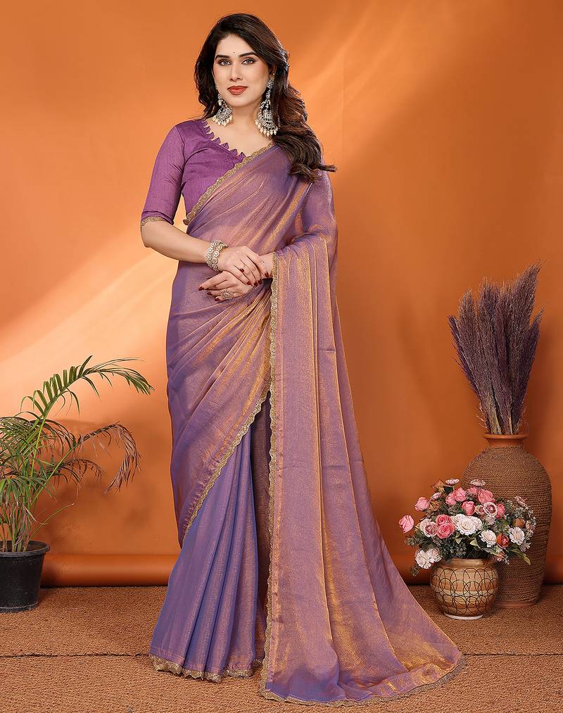  purple elegant embellished chiffon saree with frendi chinese border & blouse piece