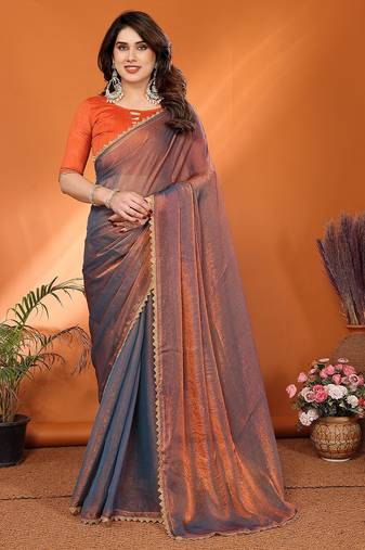   Orange elegant embellished chiffon saree with frendi chinese border & blouse piece