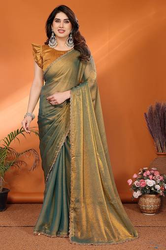green elegant embellished chiffon saree with frendi chinese border & blouse piece