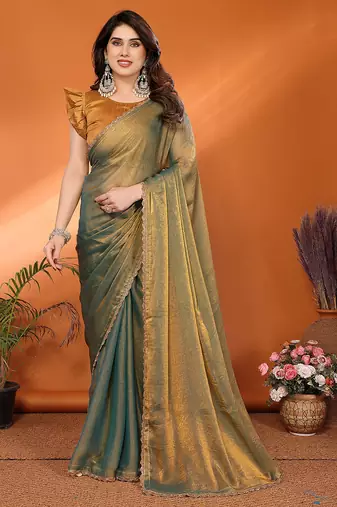 green elegant embellished chiffon saree with frendi chinese border & blouse piece