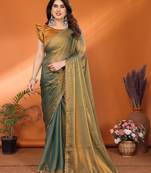 green elegant embellished chiffon saree with frendi chinese border & blouse piece