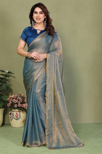   Blue elegant embellished chiffon saree with frendi chinese border & blouse piece