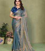   Blue elegant embellished chiffon saree with frendi chinese border & blouse piece