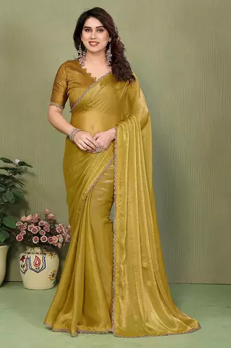 gold elegant embellished chiffon saree with frendi chinese border & blouse piece