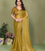gold elegant embellished chiffon saree with frendi chinese border & blouse piece