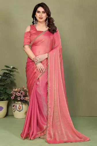 pink elegant embellished chiffon saree with frendi chinese border & blouse piece