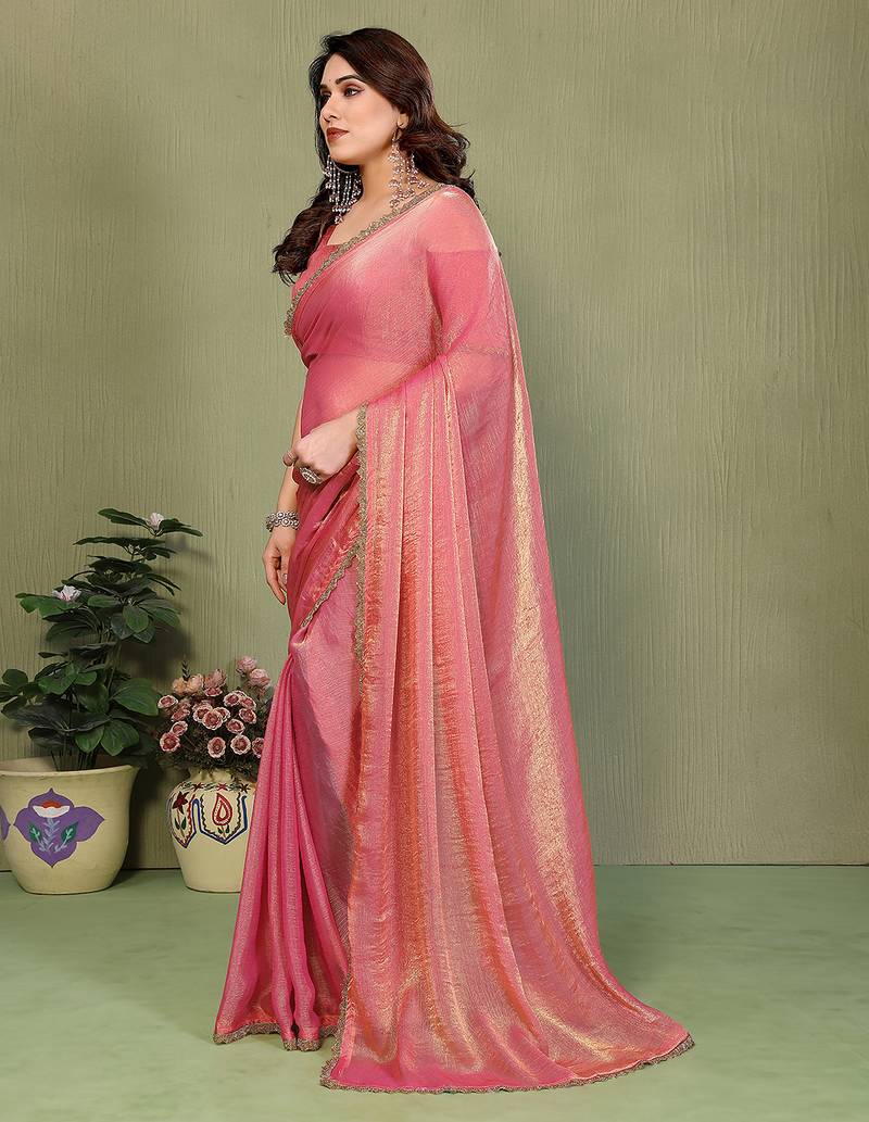 pink elegant embellished chiffon saree with frendi chinese border & blouse piece