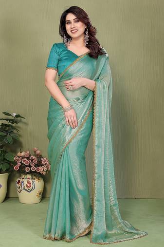 green elegant embellished chiffon saree with frendi chinese border & blouse piece