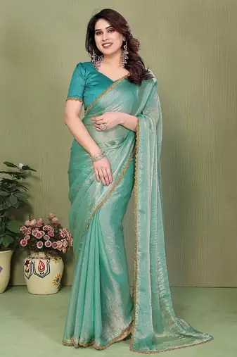 green elegant embellished chiffon saree with frendi chinese border & blouse piece