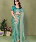 green elegant embellished chiffon saree with frendi chinese border & blouse piece