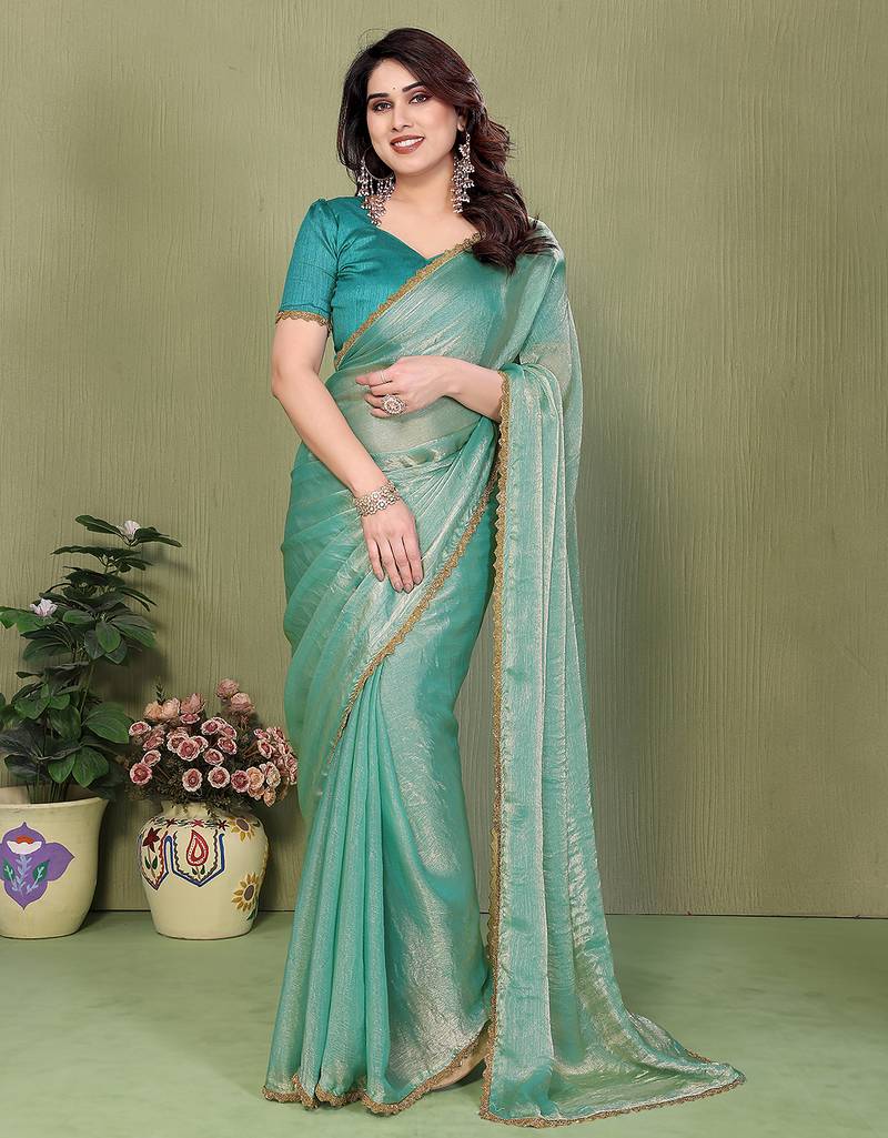 green elegant embellished chiffon saree with frendi chinese border & blouse piece