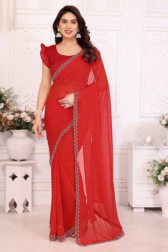 red embellished chiffon saree with diamond lace border     wedding & party wear