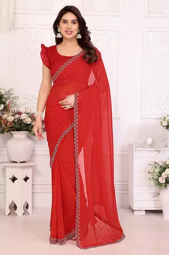 red embellished chiffon saree with diamond lace border     wedding & party wear