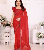 red embellished chiffon saree with diamond lace border – wedding & party wear