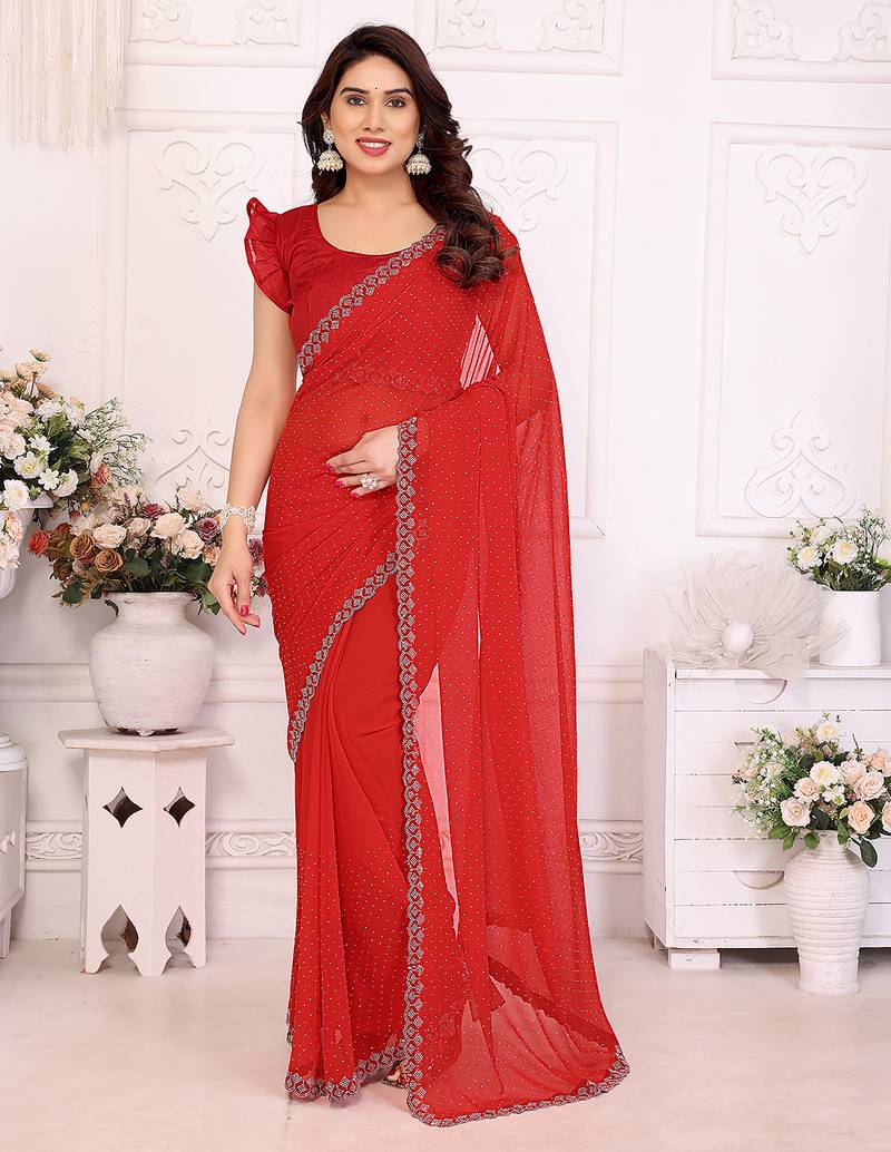 red embellished chiffon saree with diamond lace border – wedding & party wear