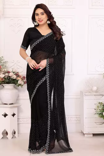 black embellished chiffon saree with diamond lace border     wedding & party wear