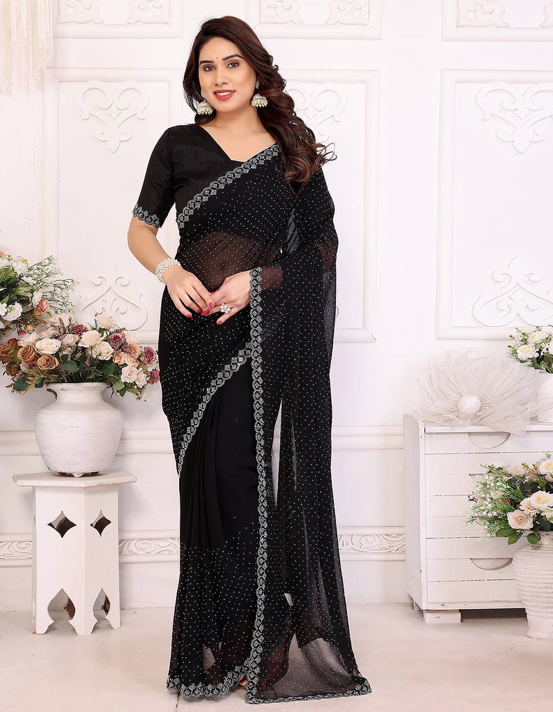 black embellished chiffon saree with diamond lace border – wedding & party wear