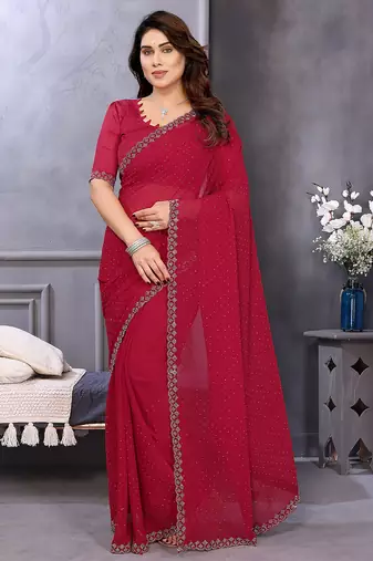 maroon embellished chiffon saree with diamond lace border     wedding & party wear