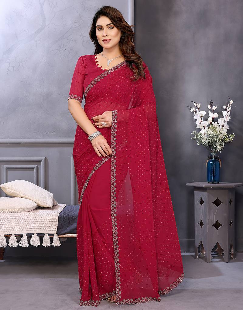 maroon embellished chiffon saree with diamond lace border – wedding & party wear