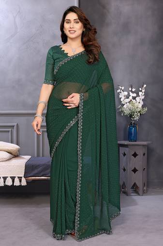 green embellished chiffon saree with diamond lace border     wedding & party wear