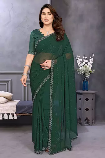 green embellished chiffon saree with diamond lace border     wedding & party wear