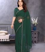 green embellished chiffon saree with diamond lace border – wedding & party wear