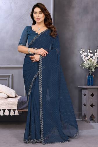 blue embellished chiffon saree with diamond lace border     wedding & party wear