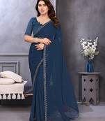 blue embellished chiffon saree with diamond lace border – wedding & party wear