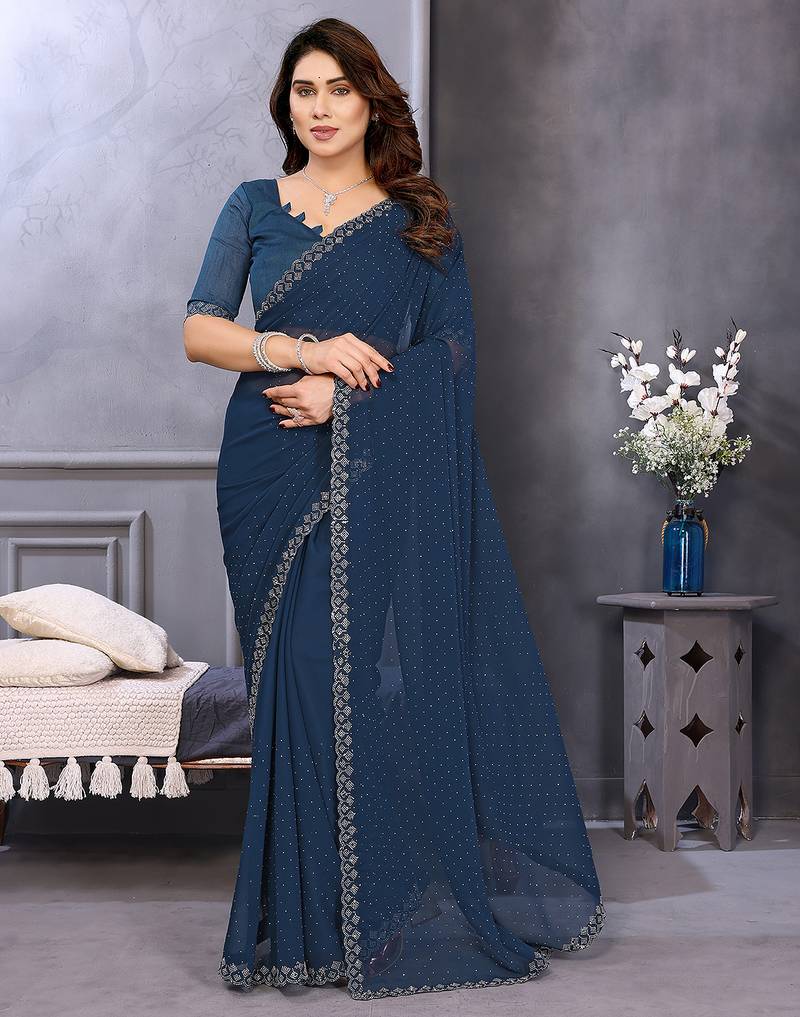 blue embellished chiffon saree with diamond lace border – wedding & party wear