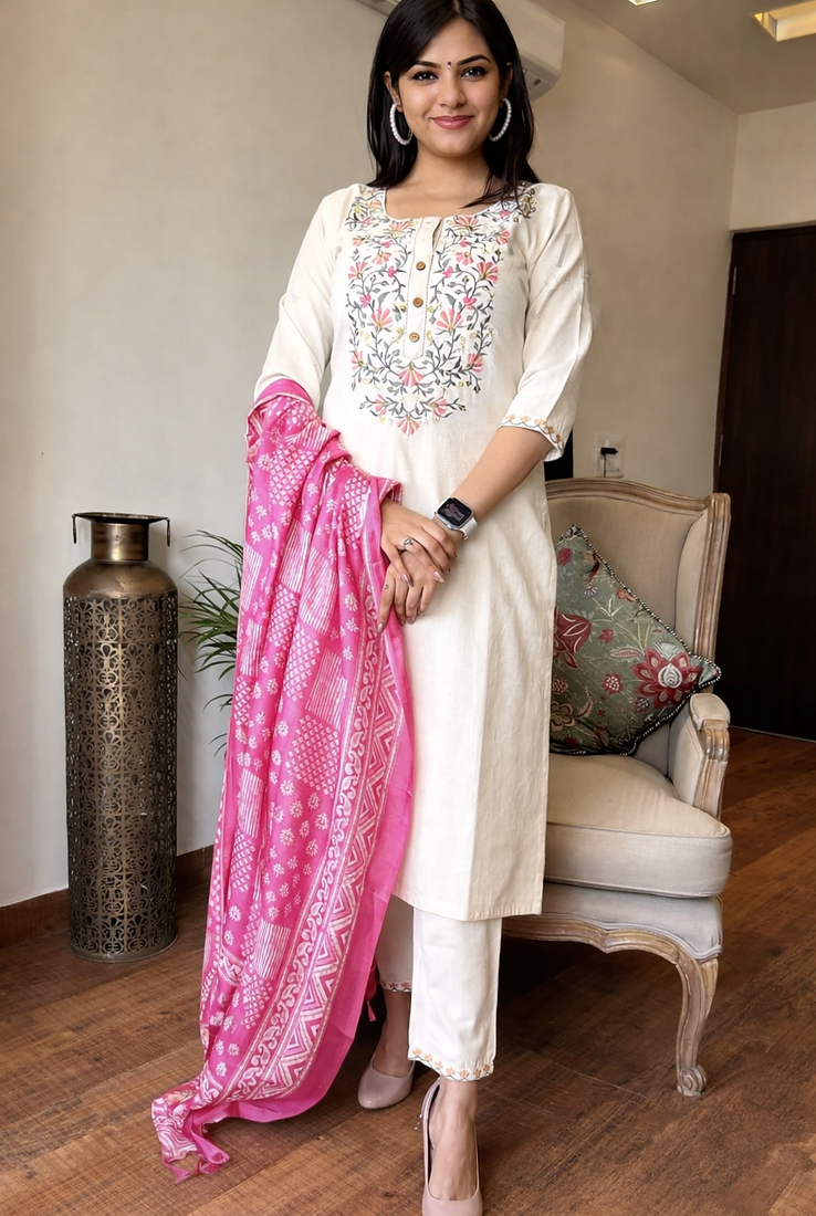 Off white Floral Embroidered Kurta Pant Set with Printed Dupatta