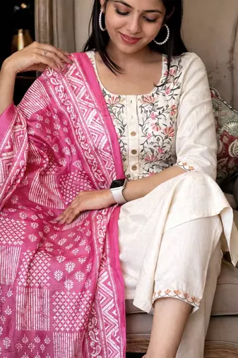 Off white Floral Embroidered Kurta Pant Set with Printed Dupatta