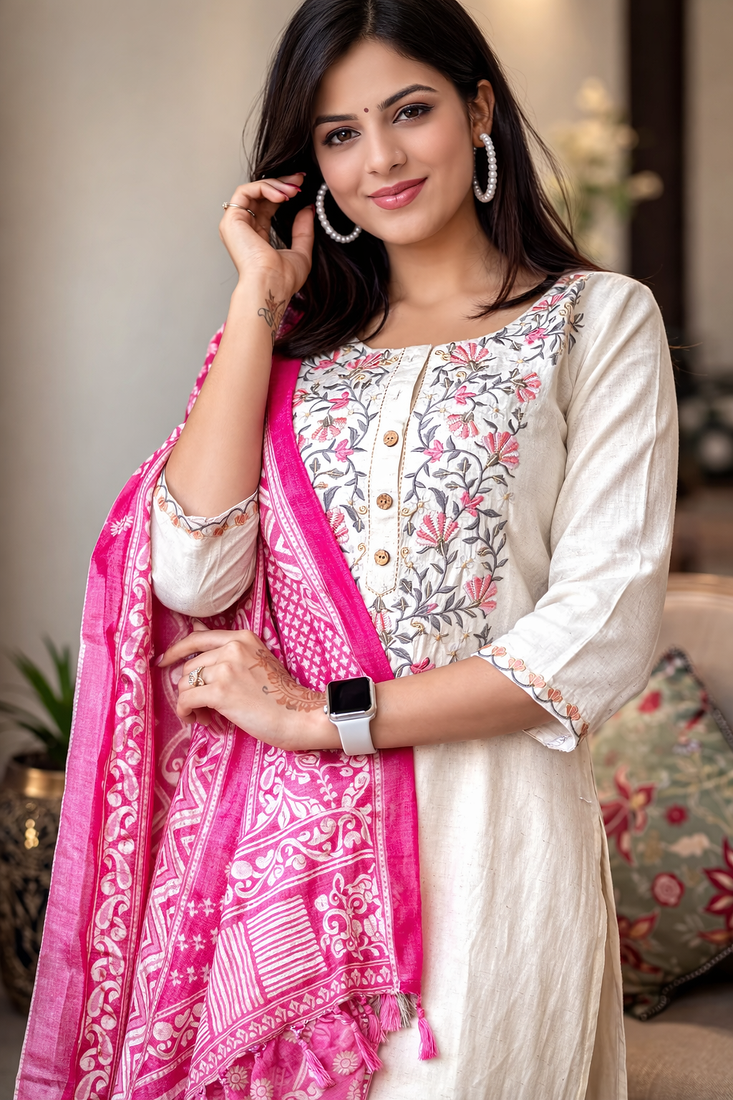 Off white Floral Embroidered Kurta Pant Set with Printed Dupatta