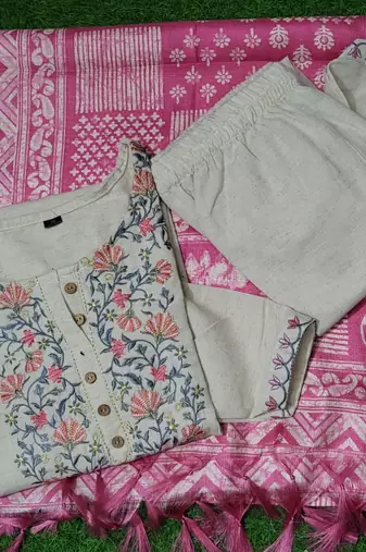 Off white Floral Embroidered Kurta Pant Set with Printed Dupatta