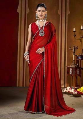 Party wear new rangoli silk red color saree with blouse and stone lace border 1