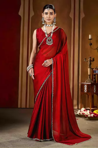 Party wear new rangoli silk red color saree with blouse and stone lace border