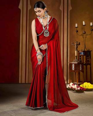 Party wear new rangoli silk red color saree with blouse and stone lace border 2