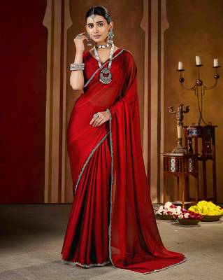 Party wear new rangoli silk red color saree with blouse and stone lace border 3