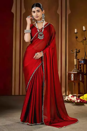 Party wear new rangoli silk red color saree with blouse and stone lace border