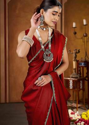 Party wear new rangoli silk red color saree with blouse and stone lace border 4