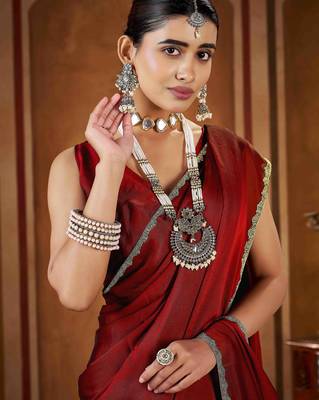 Party wear new rangoli silk red color saree with blouse and stone lace border 5