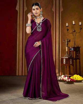 Party wear new rangoli silk wine color saree with blouse and stone lace border 3