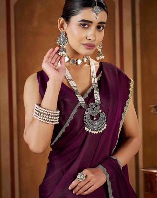 Party wear new rangoli silk wine color saree with blouse and stone lace border 5
