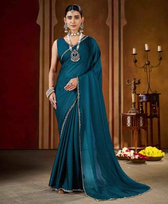 Festive rama green rangoli silk saree with beads lace design 1