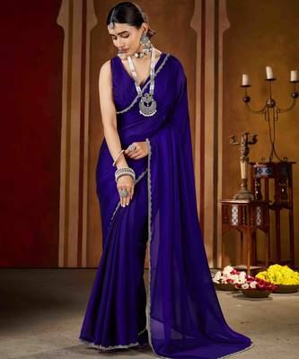 Party wear new rangoli silk violet color saree with blouse and stone lace border 2