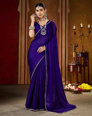 Party wear new rangoli silk violet color saree with blouse and stone lace border 3