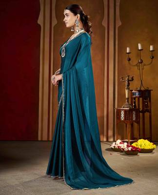 Festive rama green rangoli silk saree with beads lace design 4