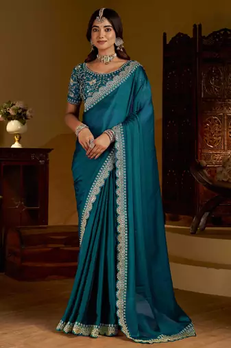 Rama green rangoli silk saree with heavy embroidery work and heavy work