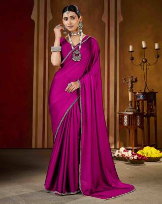Party wear new rangoli silk pink color saree with blouse and stone lace border 3